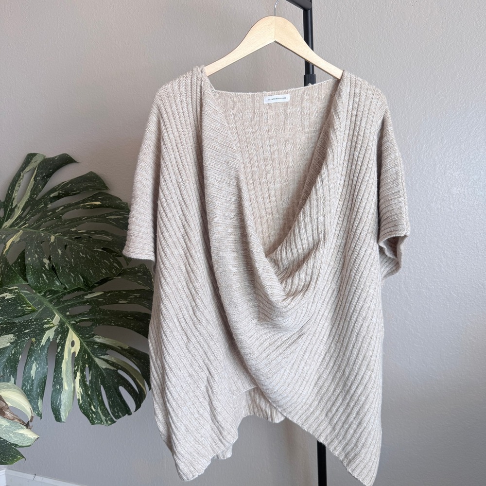 Anthropologie Tan Ribbed Knit Drape Front Shurg Sweater Wrap One Size Mens‎